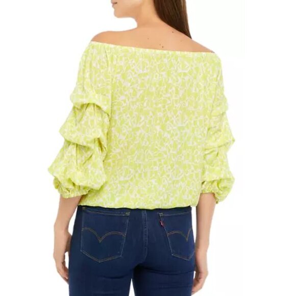 Vince Camuto Women's Yellow Geo Print Off the Shoulder Cha Cha Blouse Medium - Picture 3 of 10